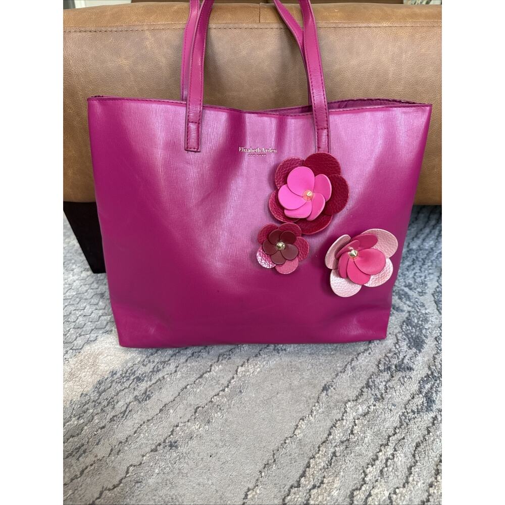 ELIZABETH ARDEN large purse pink magenta w flowers accent tote
